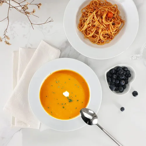 Vista 5 de Buyajuju Juego de 4 platos de sopa redondos de porcelana, cuencos para pasta, cuencos clásicos de sopa profunda, cuencos con borde de cerámica, 9.1