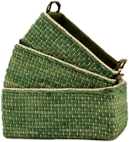 Vista 4 de Kingwillow Cesta tejida de maíz con asa (verde, pequeña) Bonito aspecto rústico, para encimera, baño, armario, organizar toallas, regalos