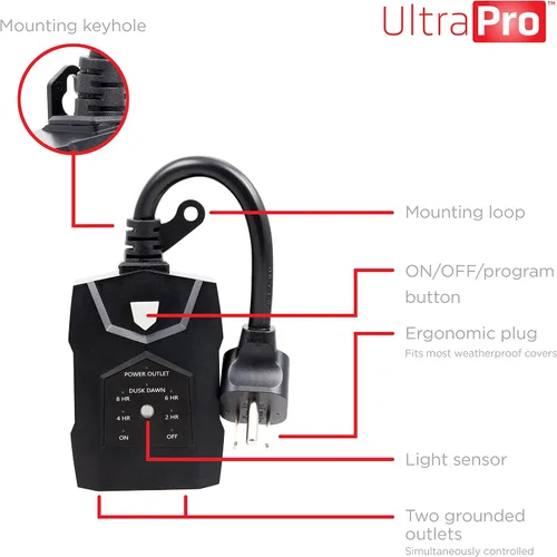 Vista 3 de UltraPro Sensor de Atardecer a Amanecer para Exteriores, Temporizador de Luz de Doble Toma, Cuenta Regresiva de 8/6/4/2 Horas, Resistente a