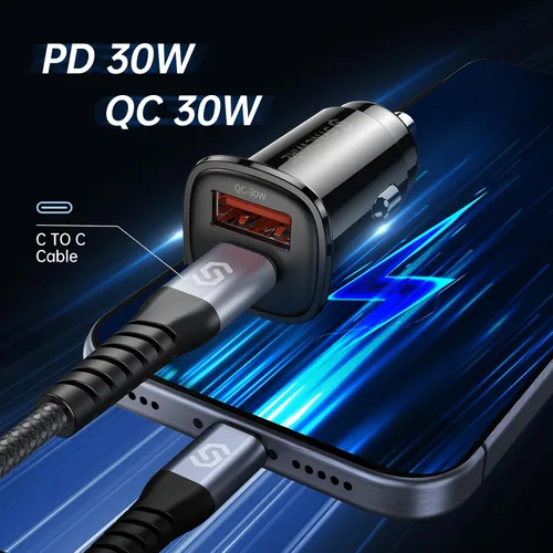 Vista 6 de Syncwire Cargador USB C para automóvil de 60 W [PD 30 W y QC 30 W] Adaptador USB de carga rápida con cable en espiral tipo C de 5FT compatible