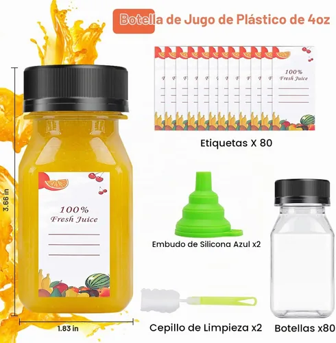 Vista 2 de OBKJJ 80 unidades de botellas de jugo de 4 onzas, botellas de jugo con tapas reutilizables, botellas vacías transparentes con etiqueta, embudo