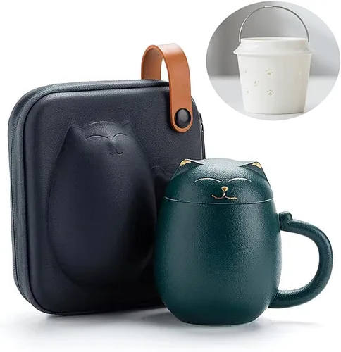 Vista 10 de Taza de té para gatos con infusor y tapa, bonitas tazas de cerámica para gatos para remojar hojas sueltas, tazas de té de 11.8 fl oz con funda