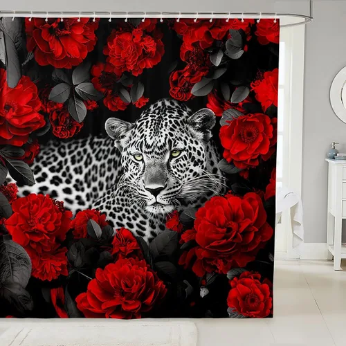Vista 15 de Cortina de ducha con estampado de leopardo y gato con rosas rojas, 72 pulgadas de ancho x 72 pulgadas de largo, juego de cortina de ducha con flores