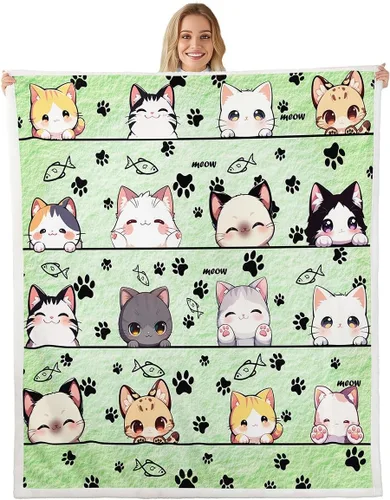 Vista 25 de Manta de franela de animales de dibujos animados para todas las estaciones, manta de cama azul con estampado de amor Kawaii para decoración