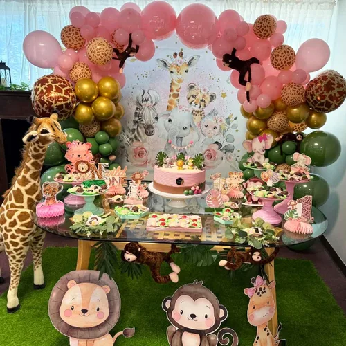 Vista 4 de Sensfun Telón de fondo de fiesta de baby shower con texto en inglés "It's A Girl" ("It's A Girl"), diseño floral rosa, animales del zoológico