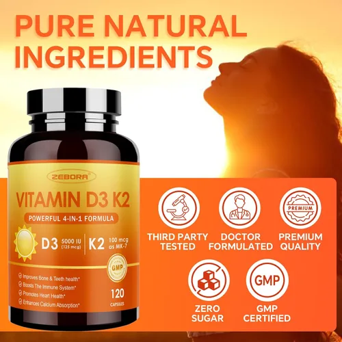 Vista 7 de ZEBORA Vitamina D3 K2 con zinc y selenio - 5000 UI de vitamina D3, 100 Mcg MK7 Vitamina K2 para una máxima absorción, apoya huesos, dientes