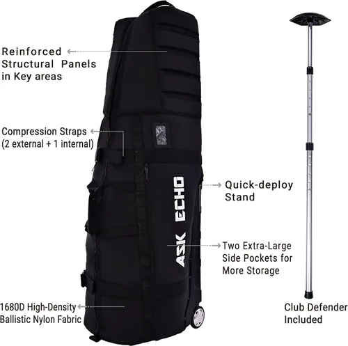 Vista 2 de ASK ECHO Locklink StableRoller - Bolsa de viaje de golf con sistema de balanceo de 4 ruedas, patas de soporte extensibles