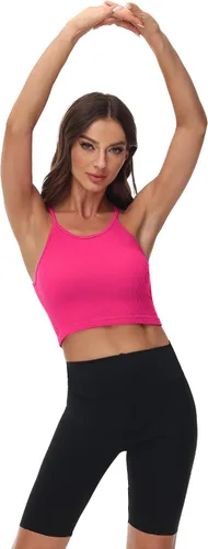 Vista 4 de Attifall Camiseta corta acanalada sin mangas para mujer, sin costuras, espalda cruzada, tirantes delgados, para entrenamiento, deportes, conjuntos