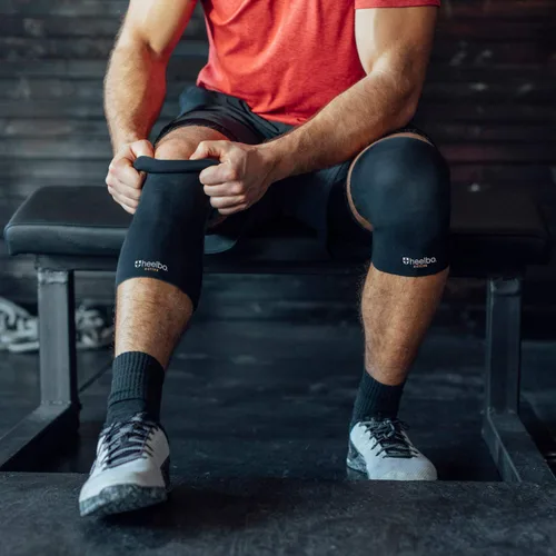 Vista 5 de Heelbo Manga de compresión de rodilla con fibras de cobre infundidas y tela transpirable para aliviar el dolor de rodilla, soporte de rodilla