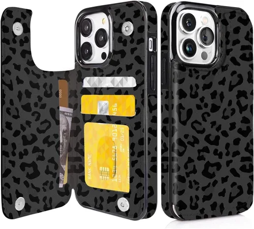 Vista 14 de Funda tipo cartera compatible con iPhone 13 Pro de 6.1 pulgadas con tarjetero, de piel sintética, con función atril, ranuras para tarjetas, doble