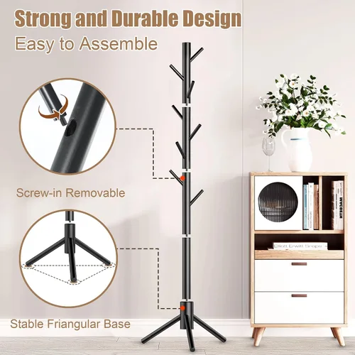 Vista 5 de Aliphon Perchero de madera, perchero independiente con 8 ganchos, árbol de abrigos ajustable de 3 tamaños para sombreros, abrigos, bufandas