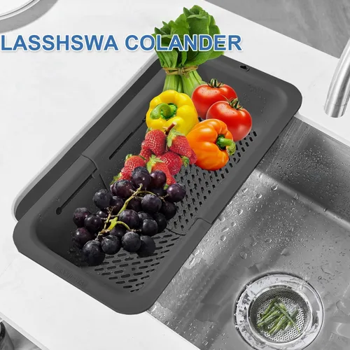 Vista 2 de LASSHSWA Colador plegable para cocina, cesta coladora sobre el fregadero para cocina, pasta de frutas, colador de alimentos expandible, colador
