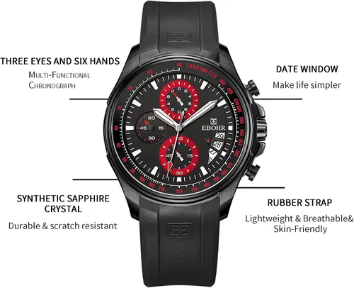 Vista 9 de Men's Sports Black Quartz Watch with Cool Luminous Hands Multi-Functional Chronograph - Lightweight, Breathable, Skin-Friendly Rubber Strap Original