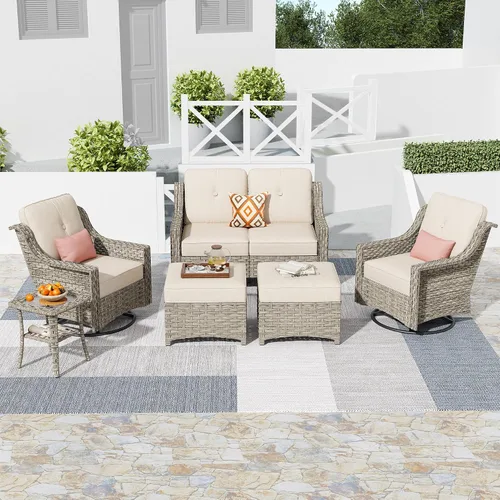 Vista 20 de HOOOWOOO Sofá de patio de 3 plazas de mimbre para exteriores, resistente a todo tipo de clima, con respaldo alto, muebles a juego (beige y bronceado)