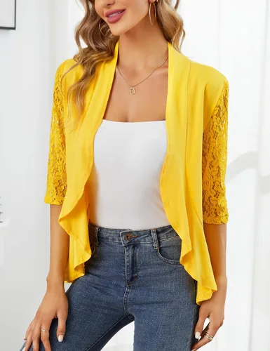 Vista 2 de KOJOOIN Blusas para mujer, ligeras, manga 34, casual, con encaje, parte delantera abierta, con volantes drapeados