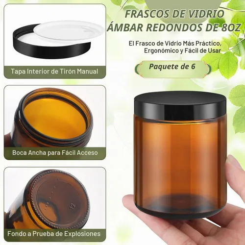 Vista 4 de Tarro de vidrio de 8 onzas, paquete de 6 tarros de vidrio redondos gruesos vacíos con tapas de plástico, recipientes de almacenamiento de boca ancha