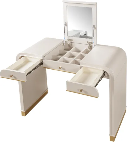 Vista 7 de Classic Wood Vanity Desk with Flip Mirror and 2 Drawers Champagne