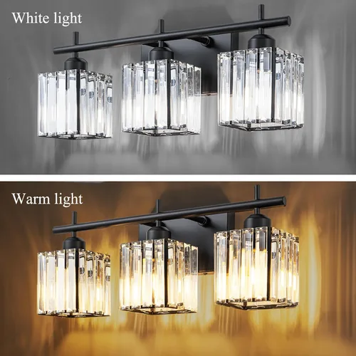 Vista 5 de Modernas luces de tocador de baño de cristal sobre el espejo, accesorios de iluminación de baño negro mate de 3 luces, accesorios de iluminación