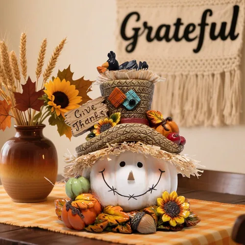 Vista 4 de Hodao Decoraciones de calabaza de Acción de Gracias, figura de resina de otoño con sombrero de paja, pájaros, bellotas y girasoles, letrero