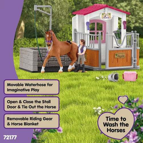 Vista 4 de Schleich Horse Club - Juego de Juguetes de Establo de Lavado de Caballos de 28 Piezas con Figura de Acción de Yegua y Jinete y Accesorios para Niñas