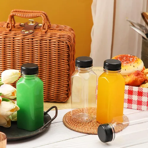 Vista 3 de Sabary 150 botellas de plástico para jugo de 8 onzas con tapas, recipientes para bebidas y tapas a prueba de fugas, botellas vacías reutilizables