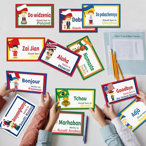 Vista 5 de 30 recortes de saludos de todo el mundo, diversidad, aprendizaje de idiomas, decoraciones de aula, recortes de idiomas multiculturales, suministros
