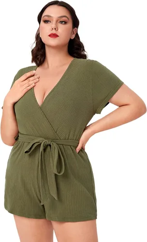Vista 7 de WDIRARA Women's Plus Size Deep V Neck Wrap Belted Rib Knit Romper Shorts
