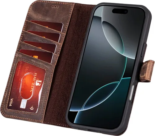 Vista 67 de Bayelon Funda tipo cartera para iPhone 15 Pro, cartera de cuero de grano completo, funda magnética desmontable, tarjetero, funda tipo cartera