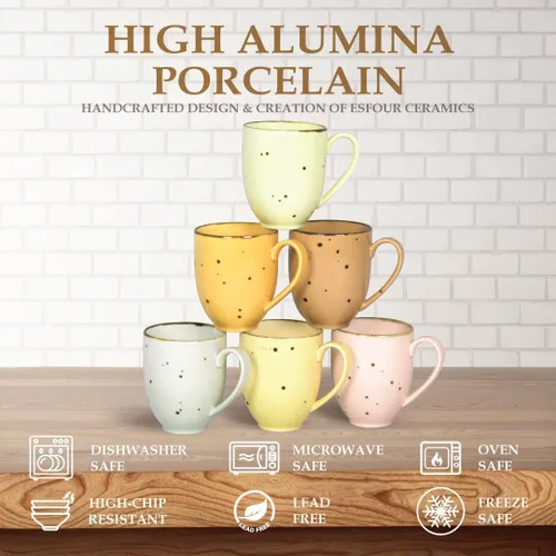 Vista 4 de Esfour Ceramics Juego de Tazas de Café de 6, 14 Oz Tazas de Mango Grande de Servicio Pesado - Seguras para Microondas y Lavavajillas - Café