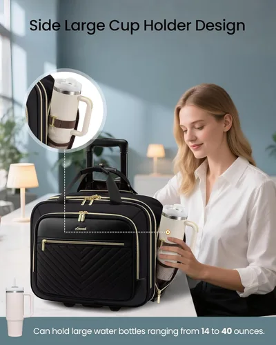 Vista 2 de LOVEVOOK Bolso para portátil rodante para mujer, maletín con ruedas de 17.3 pulgadas, equipaje de mano blando para debajo del asiento, artículo