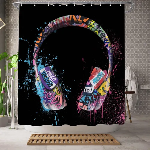 Vista 2 de WELMECO Cortina de ducha con diseño de grafiti, DJ, música, audífonos, 72 x 72 pulgadas, tela de poliéster, decoración de baño