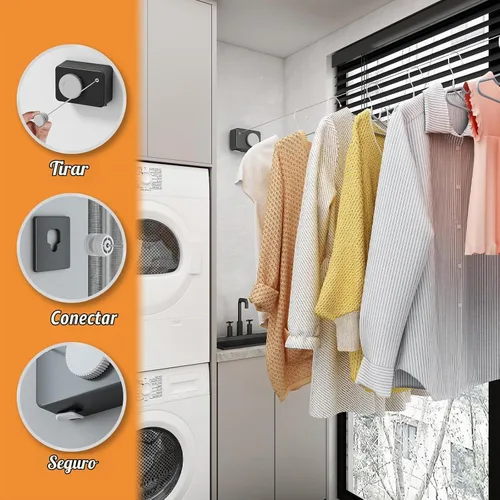 Vista 3 de Tendedero retráctil para interiores, línea de ropa que no se hunde que se retrae al aire libre, juego de línea de ropa montada en la pared
