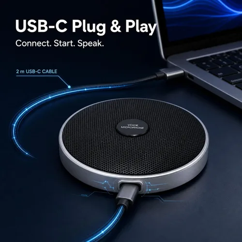 Vista 5 de Micrófono de computadora de 360° para escritorio, micrófono de PC de conferencia USB, tecnología de cancelación de ruido, grabación, Skype, clase