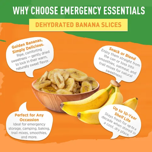 Vista 6 de Emergency Essentials, Rebanadas de plátano deshidratadas, suministros de alimentos de emergencia, vida útil de 10 años, 24 porciones
