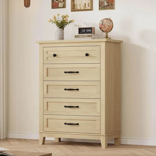 Vista 9 de GarveeHome Cómoda de 5 cajones verticales de 41.3 pulgadas de alto con gran almacenamiento, cómoda de madera independiente para dormitorio, sala
