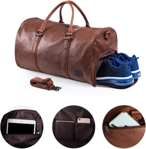 Vista 11 de Bolsa de viaje de cuero con bolsa para zapatos, bolsa impermeable para fin de semana, bolsa de lona de mano para hombres y mujeres, color negro