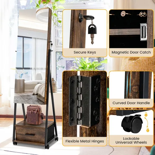 Vista 6 de LOKO Armario de joyería con ruedas, caja organizadora de joyas con cerradura con cajones, armario de joyería independiente con espejo de longitud