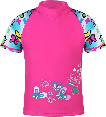 Vista 2 de TFJH E Traje de baño de manga corta para niñas, traje de baño de dos piezas UPF 50+ UV 3-12 años