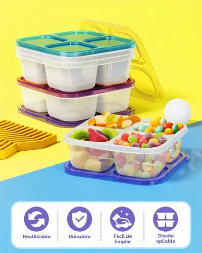 Vista 7 de Canfanni 5 recipientes Bento para aperitivos, contenedores reutilizables de almacenamiento de alimentos divididos con 4 compartimentos, contenedor