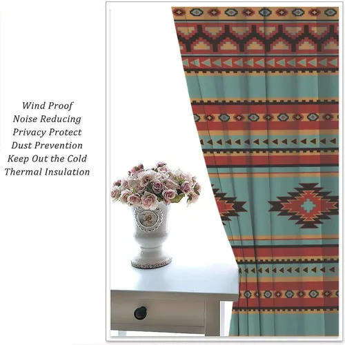 Vista 308 de Cortinas con patrón geométrico tribal, estilo suroeste, azteca, rústico, occidental, nativo americano, opacas, con bolsillo para barra, decoración