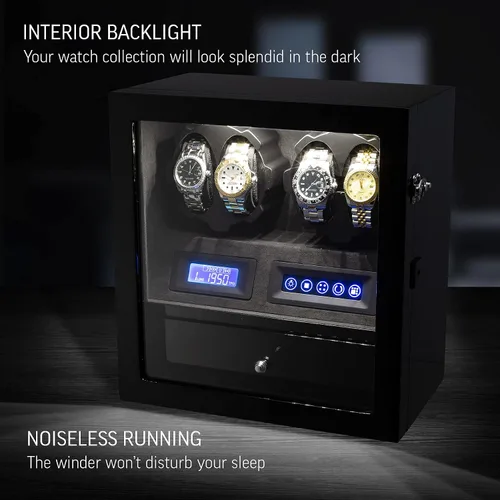 Vista 3 de 4 Watch Winder with 5 Watch Storage Space, LCD Display, Touch Control and Interior Light Negro + Negro