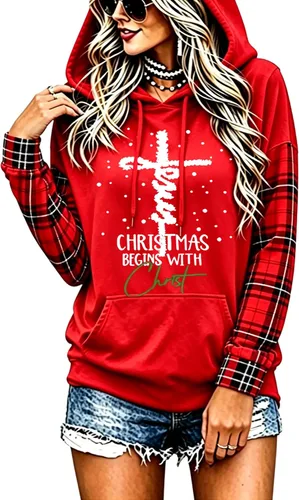 Vista 20 de LLHXRUI Sudadera de Navidad con diseño de árbol a cuadros y rayas para mujer, camiseta con bolsillo con capucha, manga larga, bloque de color Como