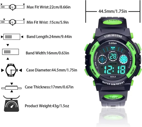 Vista 4 de Edillas Relojes digitales para niños, 7 colores, luces LED, 164.0 ft, impermeables, para niños, estudiantes, adolescentes, deportes al aire libre
