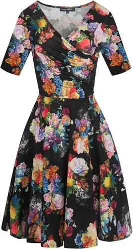 Vista 3 de oxiuly OX233 - Vestido informal, cruzado, con cuello en V, estampado floral, acampanado, por debajo de la rodilla y de verano para mujer