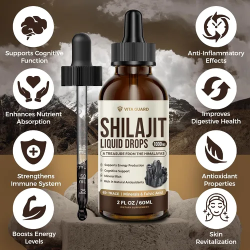 Vista 5 de Gotas líquidas Shilajit del Himalaya, 1000 mg de energía e inmunidad con más de 85 oligoelementos y ácido fúlvico, suplemento de fuerza, vitalidad