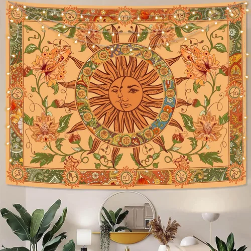 Vista 2 de Tapiz amarillo con sol y luna, vintage, bohemio, para colgar en la pared con girasoles, mariposa, polilla, constelación, tapices de pared