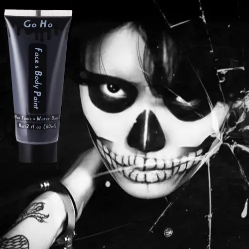 Vista 5 de Go Ho Pintura facial y corporal en blanco y negro (4 onzas) para maquillaje de Halloween, a base de agua crema, blanco y negro, esqueleto
