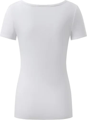 Vista 4 de OThread & Co. Camiseta de manga corta para mujer, cómoda, cuello cuadrado, capa elástica básica