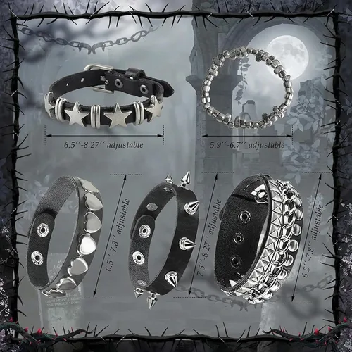 Vista 2 de 5 pulseras punk con tachuelas para mujeres y hombres, pulseras de remaches de metal de estilo alternativo de rock, juego de joyería hip hop
