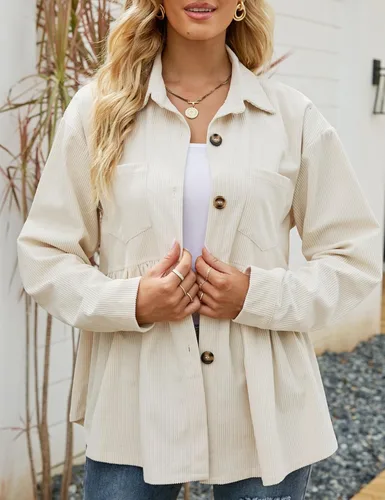 Vista 3 de Flygo Camisas de pana peplum para mujer, con botones, de gran tamaño, babydoll
